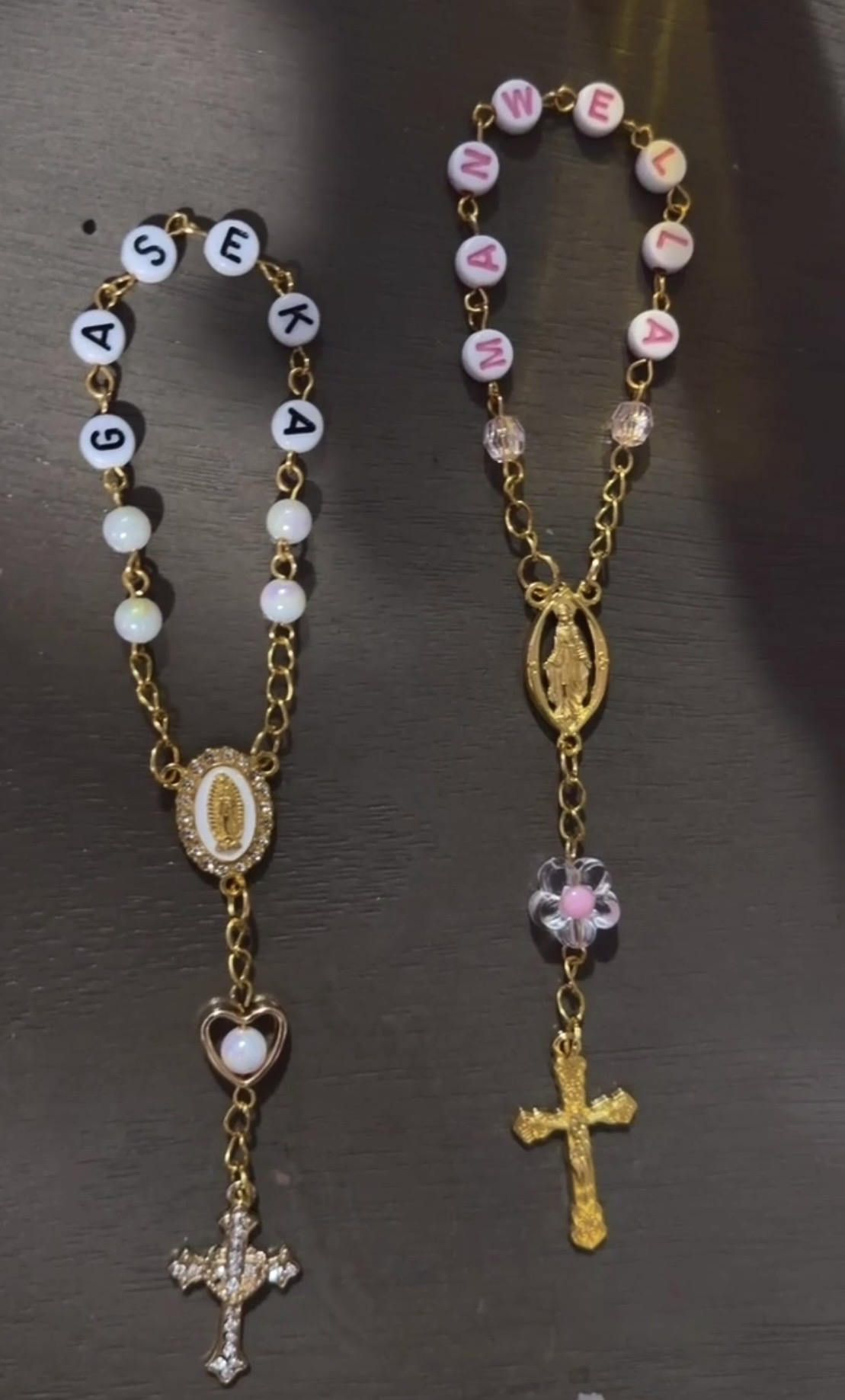Custom name rosaries in gold with letter beads