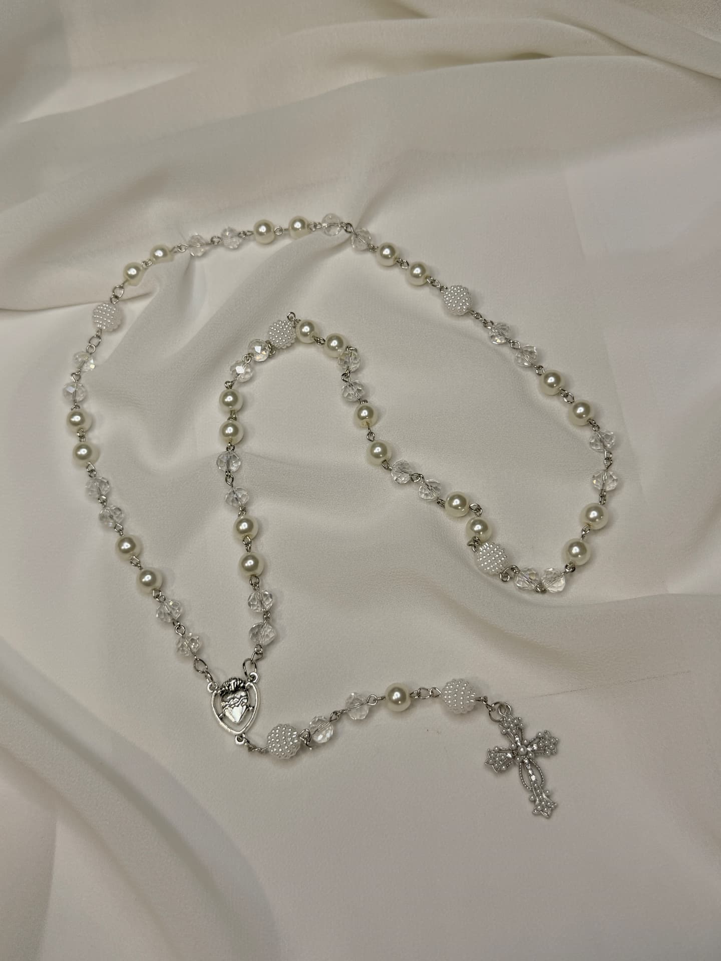 Crystal white pearl full rosary with Sacred Heart centerpiece and silver crucifix