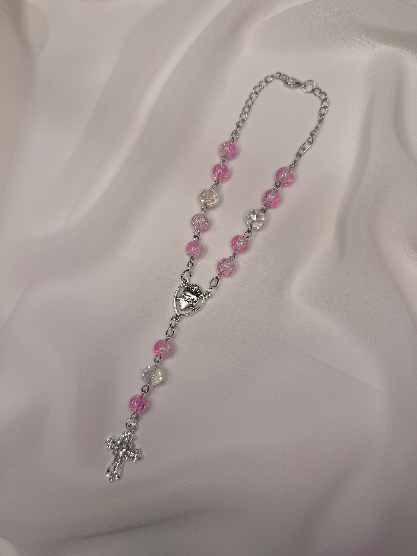 Pink and clear crystal car rosary with Sacred Heart centerpiece and silver crucifix
