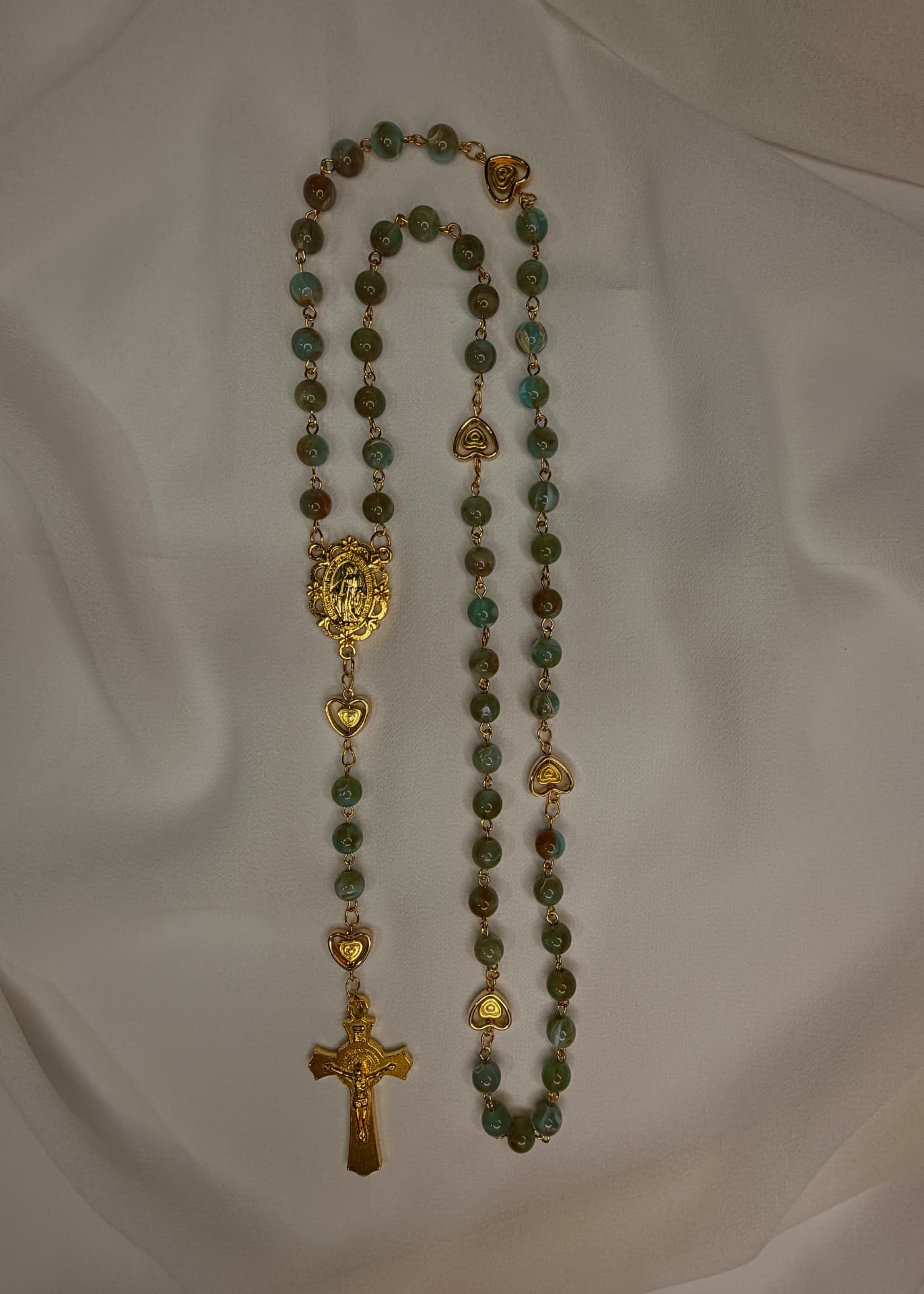 Olive green and gold full five-decade rosary with Our Lady centerpiece and golden crucifix