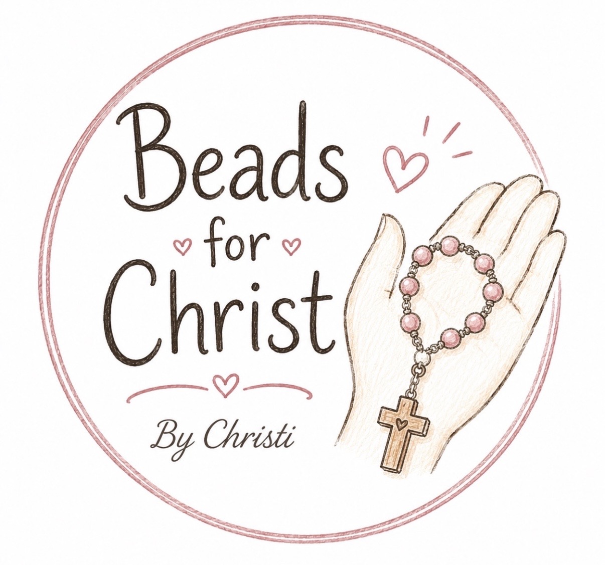 Beads for Christ by Christi — hand drawn logo of a rosary in an open palm